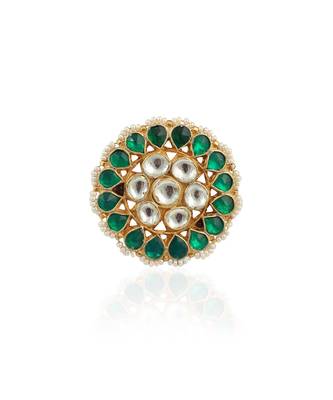 Traditional Ring In Floral Design With Green And White Studded Jadtar Stones 2