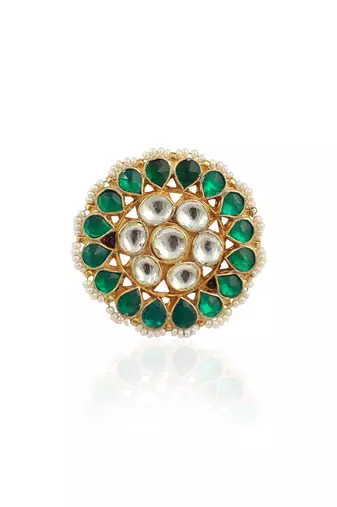 Traditional Ring In Floral Design With Green And White Studded Jadtar Stones