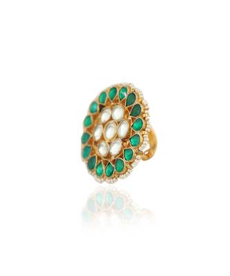Traditional Ring In Floral Design With Green And White Studded Jadtar Stones 3