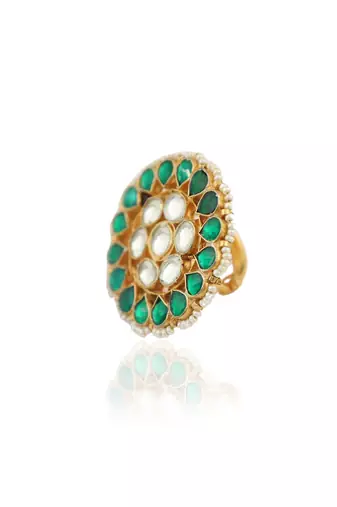 Traditional Ring In Floral Design With Green And White Studded Jadtar Stones