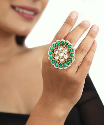 Traditional Ring In Floral Design With Green And White Studded Jadtar Stones 1