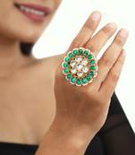 Traditional Ring In Floral Design With Green And White Studded Jadtar Stones