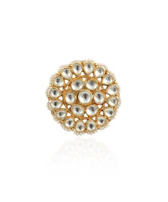 Traditional Ring In Floral Design With White Studded Jadtar Stones 2