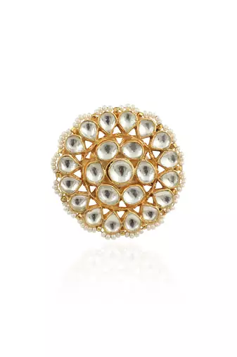 Traditional Ring In Floral Design With White Studded Jadtar Stones
