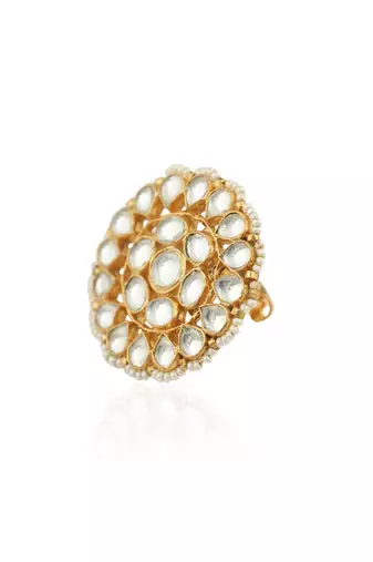 Traditional Ring In Floral Design With White Studded Jadtar Stones