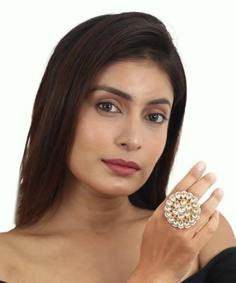 Traditional Ring In Floral Design With White Studded Jadtar Stones 1