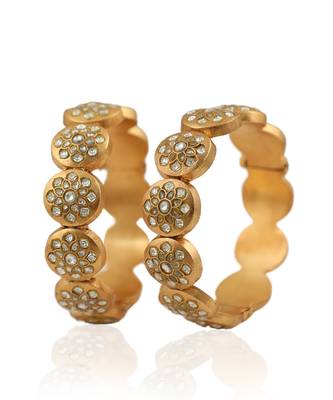 Gold Plated Bangle In Unque Design Studded With White Jadtar Stones(Single) 2