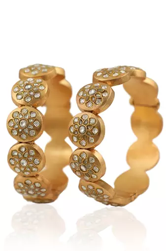 Gold Plated Bangle In Unque Design Studded With White Jadtar Stones(Single)