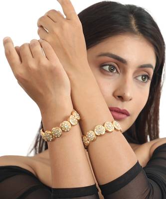 Gold Plated Bangle In Unque Design Studded With White Jadtar Stones(Single) 1