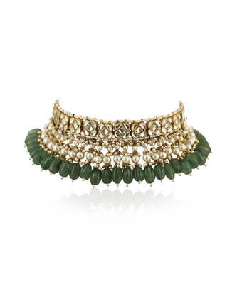 Square Shape White Jadtar Stone With Sea Green Beads Choker Set 2