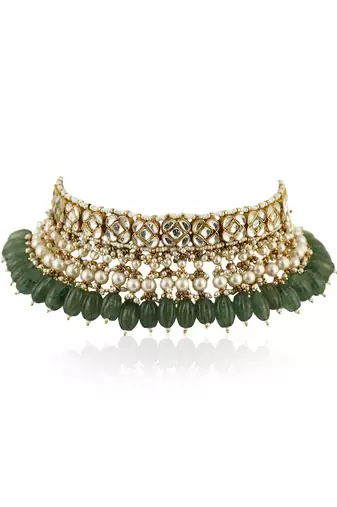Square Shape White Jadtar Stone With Sea Green Beads Choker Set