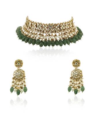 Square Shape White Jadtar Stone With Sea Green Beads Choker Set 4