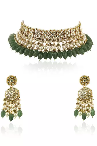 Square Shape White Jadtar Stone With Sea Green Beads Choker Set
