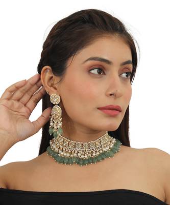 Square Shape White Jadtar Stone With Sea Green Beads Choker Set 1