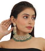 Square Shape White Jadtar Stone With Sea Green Beads Choker Set