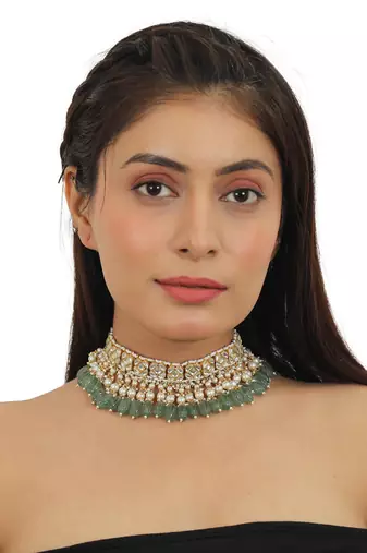 Square Shape White Jadtar Stone With Sea Green Beads Choker Set