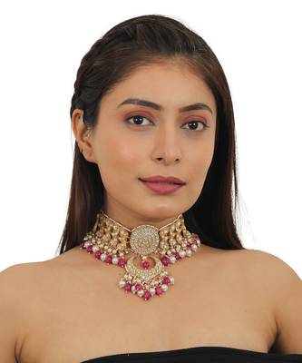 White Flower Work With Jadtar Stone Pink Beads Necklace Set 2
