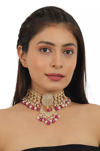 White Flower Work With Jadtar Stone Pink Beads Necklace Set