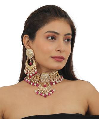 White Flower Work With Jadtar Stone Pink Beads Necklace Set 3