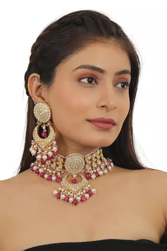 White Flower Work With Jadtar Stone Pink Beads Necklace Set