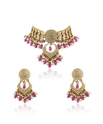 White Flower Work With Jadtar Stone Pink Beads Necklace Set 4