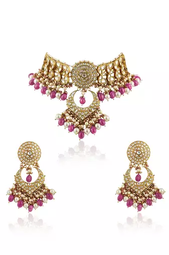 White Flower Work With Jadtar Stone Pink Beads Necklace Set