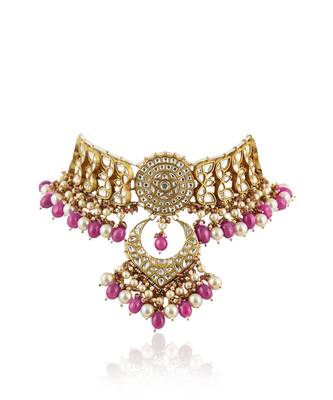 White Flower Work With Jadtar Stone Pink Beads Necklace Set 5