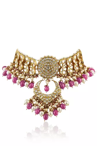 White Flower Work With Jadtar Stone Pink Beads Necklace Set