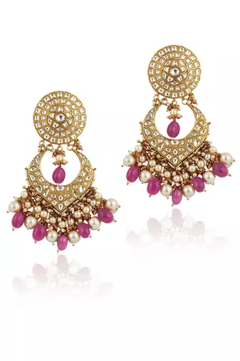 White Flower Work With Jadtar Stone Pink Beads Necklace Set