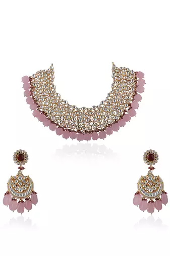 Light Pink Beads White Jadtar Necklace Set