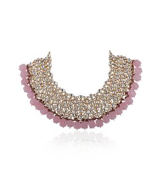 Light Pink Beads White Jadtar Necklace Set 3