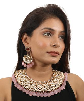 Light Pink Beads White Jadtar Necklace Set 1