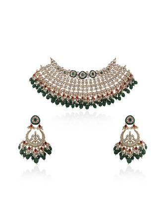 Bridal Necklace Set With Emerald Green And Ruby Pink Stones Embedded With White Jadtar Stones 2