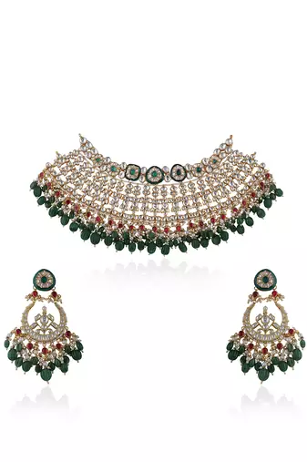 Bridal Necklace Set With Emerald Green And Ruby Pink Stones Embedded With White Jadtar Stones