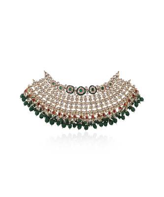 Bridal Necklace Set With Emerald Green And Ruby Pink Stones Embedded With White Jadtar Stones 3