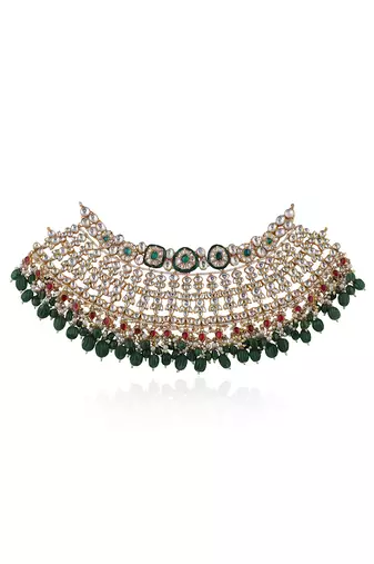 Bridal Necklace Set With Emerald Green And Ruby Pink Stones Embedded With White Jadtar Stones