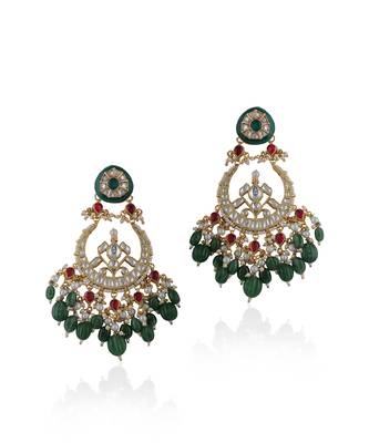 Bridal Necklace Set With Emerald Green And Ruby Pink Stones Embedded With White Jadtar Stones 4