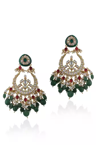 Bridal Necklace Set With Emerald Green And Ruby Pink Stones Embedded With White Jadtar Stones