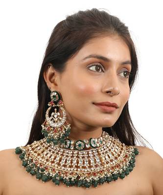 Bridal Necklace Set With Emerald Green And Ruby Pink Stones Embedded With White Jadtar Stones 1