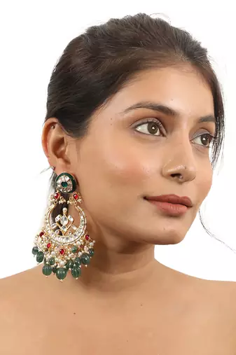 Bridal Necklace Set With Emerald Green And Ruby Pink Stones Embedded With White Jadtar Stones