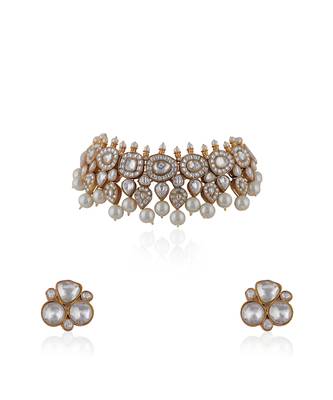 White Jadtar Choker Necklace With Pearls 2