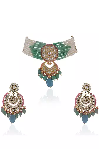 Choker Necklace Belt With Chandbaalis In Pastel Shades And Pearls