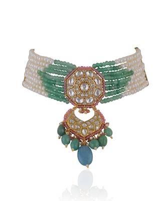 Choker Necklace Belt With Chandbaalis In Pastel Shades And Pearls 3