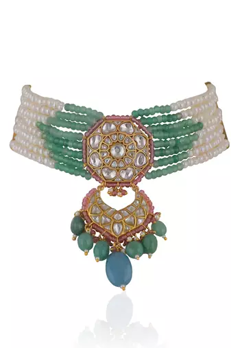 Choker Necklace Belt With Chandbaalis In Pastel Shades And Pearls