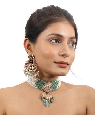 Choker Necklace Belt With Chandbaalis In Pastel Shades And Pearls 1