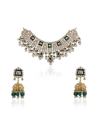 Traditional Necklace With Emerald Mina Work And Jhumki Earrings 2