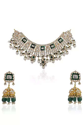 Traditional Necklace With Emerald Mina Work And Jhumki Earrings