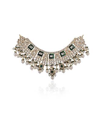 Traditional Necklace With Emerald Mina Work And Jhumki Earrings 3