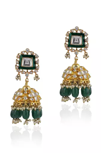 Traditional Necklace With Emerald Mina Work And Jhumki Earrings