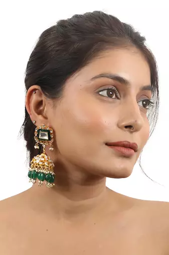 Traditional Necklace With Emerald Mina Work And Jhumki Earrings